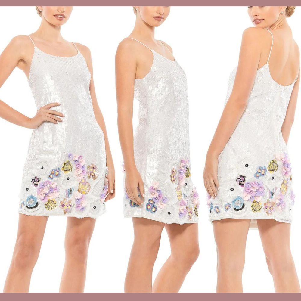 NEW Mac Duggal [ 4 ] Sequined Mixed Media Floral Embellished Mini‎ Dress S1068